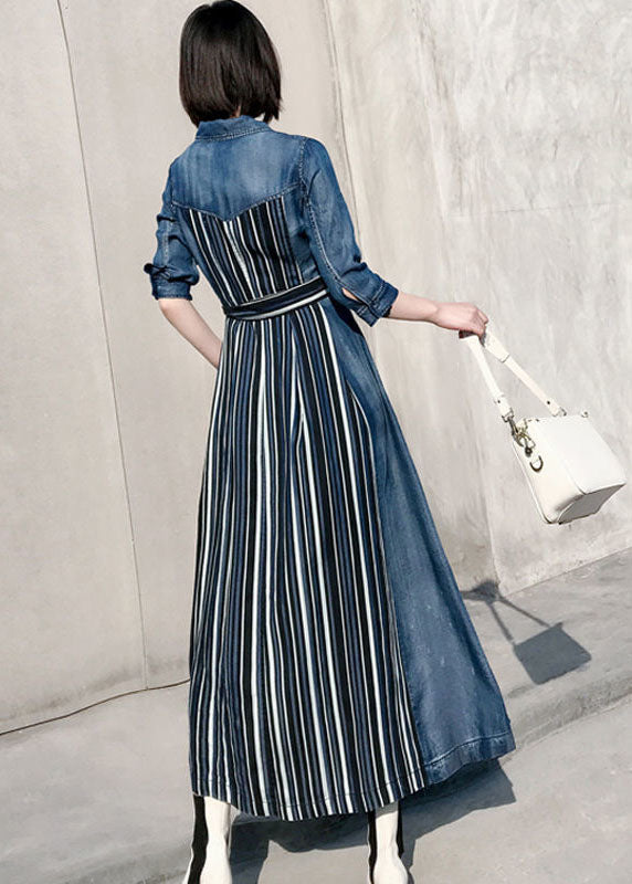 Denim Blue Peter Pan Collar Patchwork Striped Cotton Holiday Dress Bracelet Sleeve