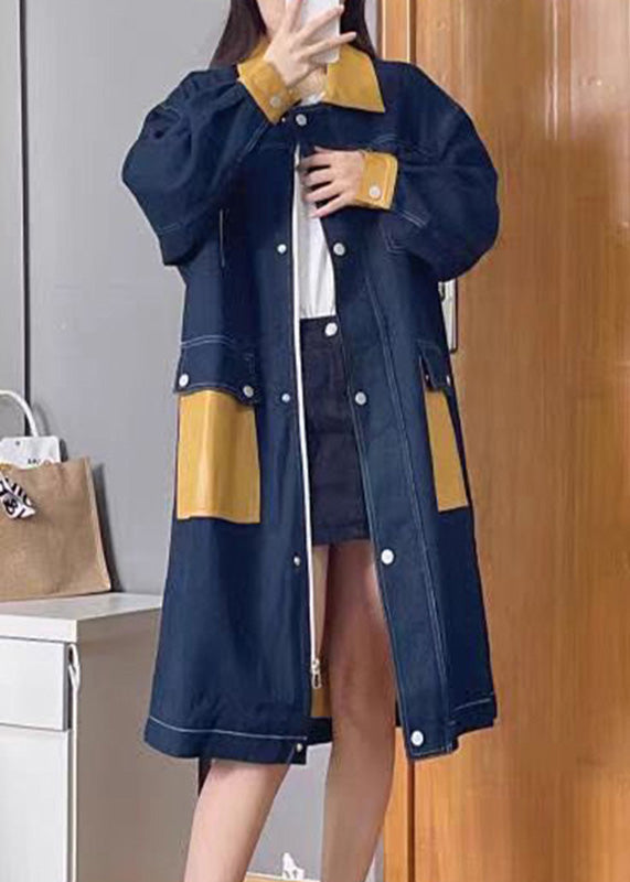 Denim Blue Peter Pan Collar Patchwork Zippered Button Linen Long Trench Coats Fall
