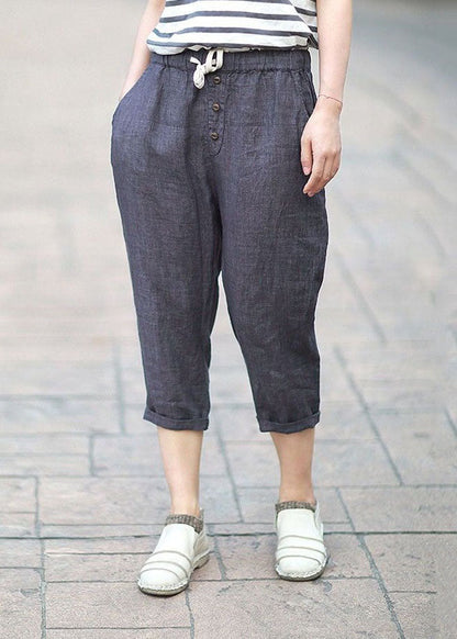 Denim Blue Pockets Patchwork Linen Crop Pants Summer