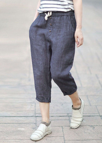 Denim Blue Pockets Patchwork Linen Crop Pants Summer