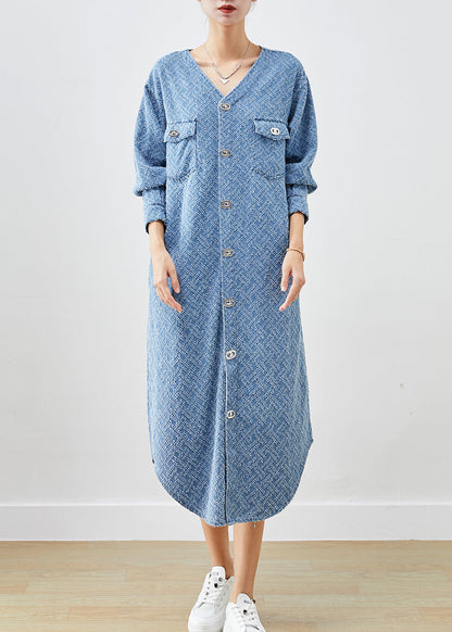 Denim Blue V Neck Cotton Long Dress Fall