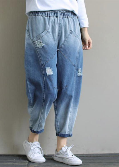 Denim Light Blue Trousers Oversize Spring Elastic Waist Hole Work Pant