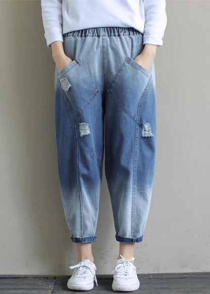 Denim Light Blue Trousers Oversize Spring Elastic Waist Hole Work Pant