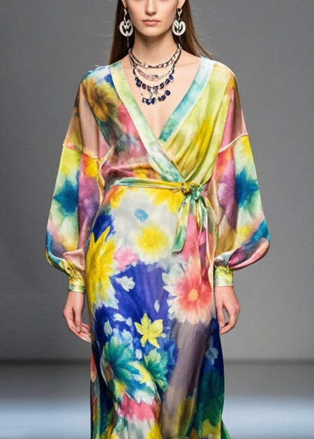 Flower Print Tie Waist Silk Long Dress Spring