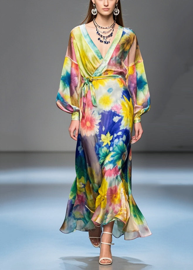 Flower Print Tie Waist Silk Long Dress Spring