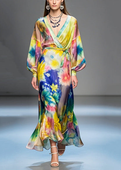 Flower Print Tie Waist Silk Long Dress Spring