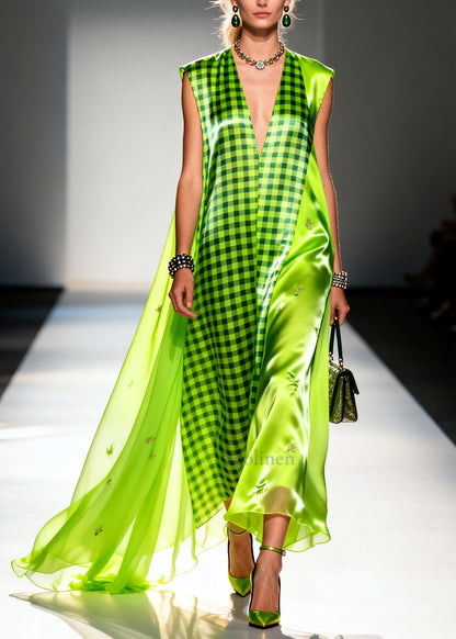 Fluorescent Green Plaid Patchwork Silk Ankle Dress Sleeveless