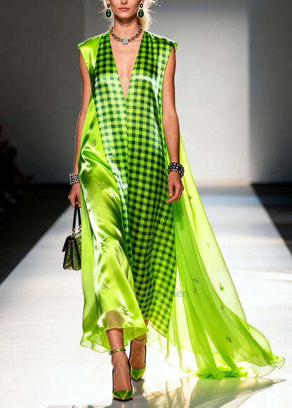 Fluorescent Green Plaid Patchwork Silk Ankle Dress Sleeveless
