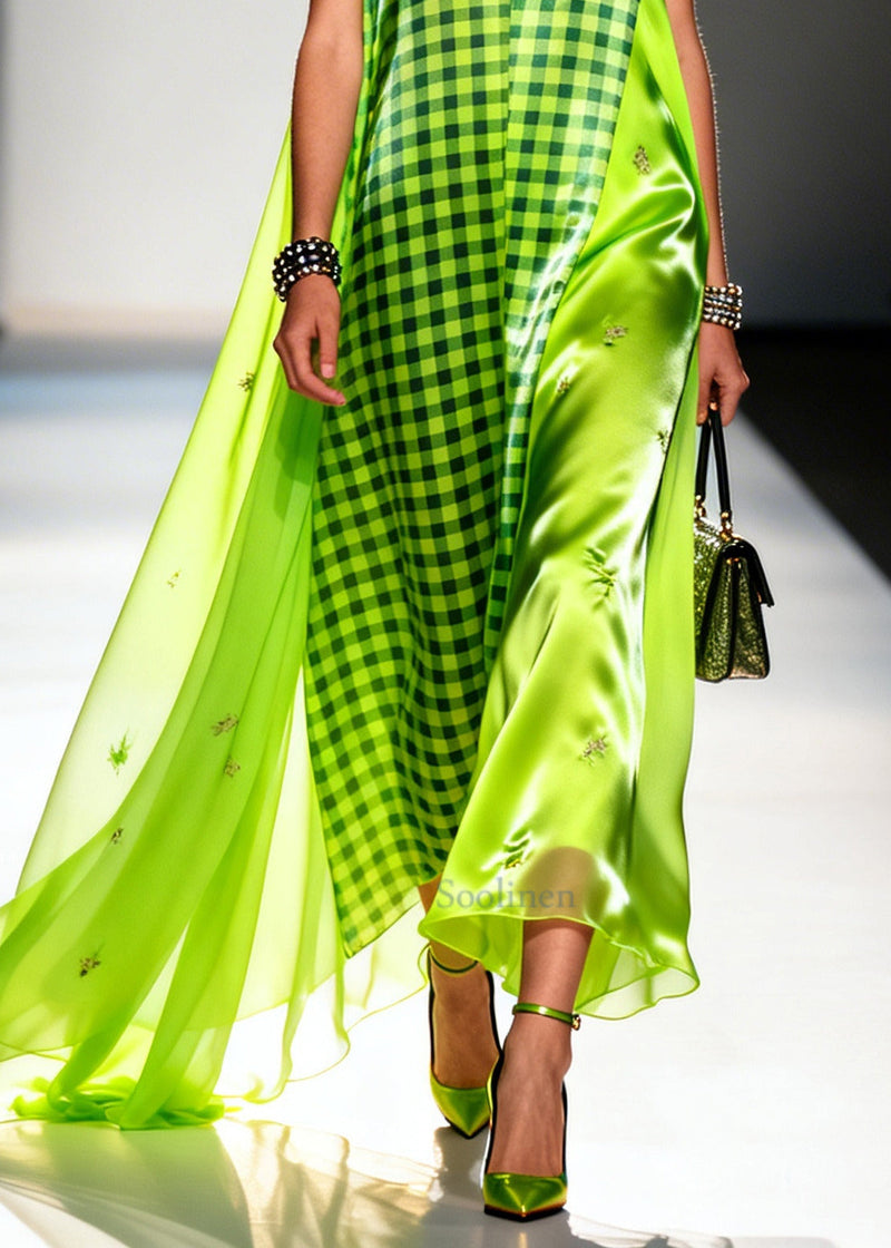 Fluorescent Green Plaid Patchwork Silk Ankle Dress Sleeveless