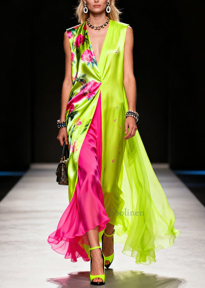 Fluorescent Green Print Patchwork Chiffon Vacation Dresses Sleeveless