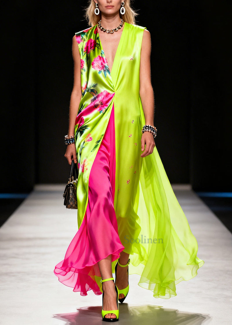 Fluorescent Green Print Patchwork Chiffon Vacation Dresses Sleeveless