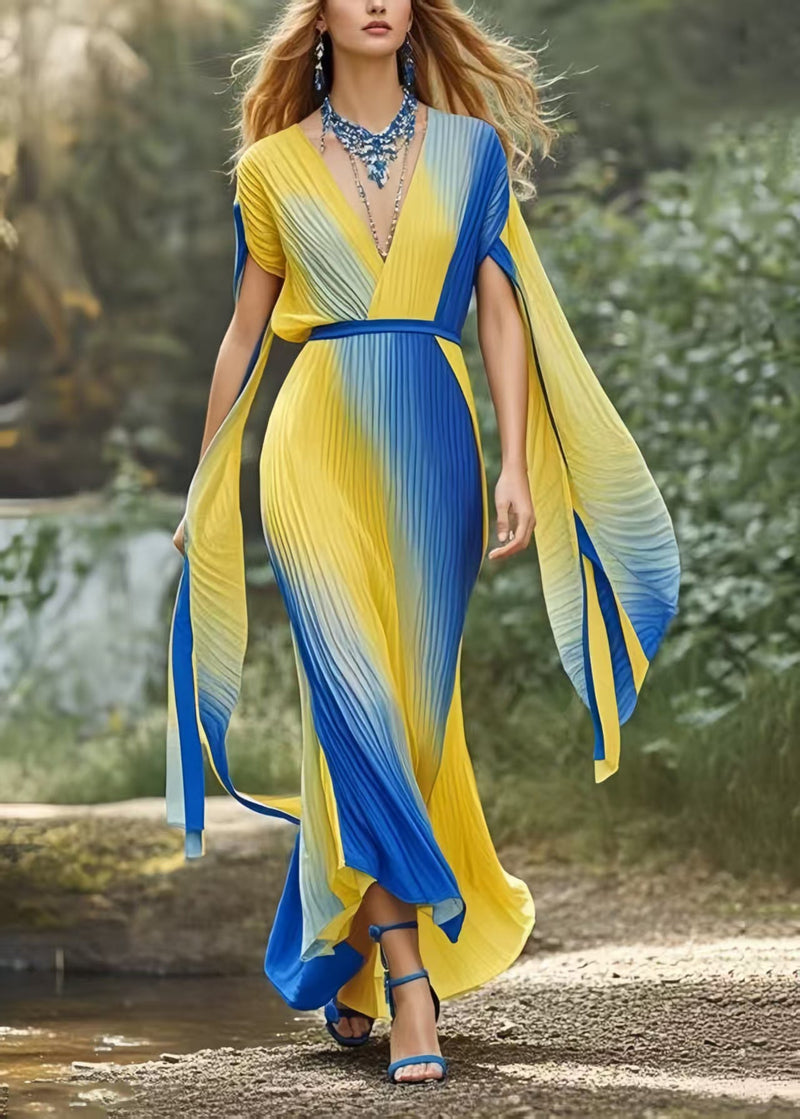 Gradient Color Cinched Chiffon Vestidos Dress Butterfly Sleeve