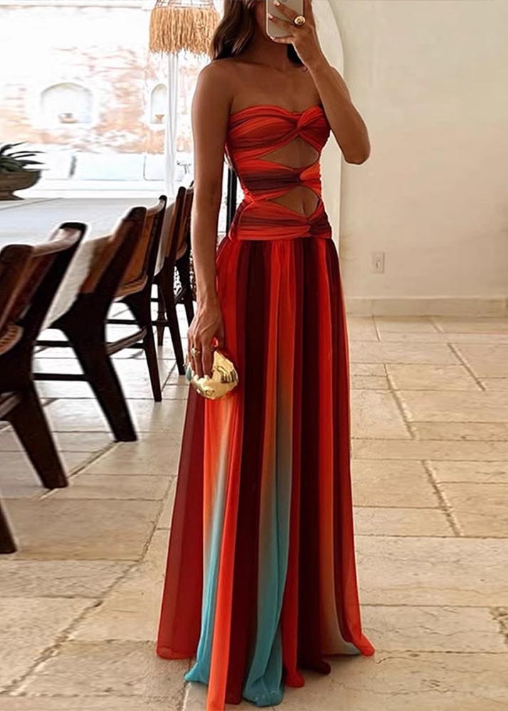 Gradient Color Exra Large Hem Chiffon Strapless Dress Summer