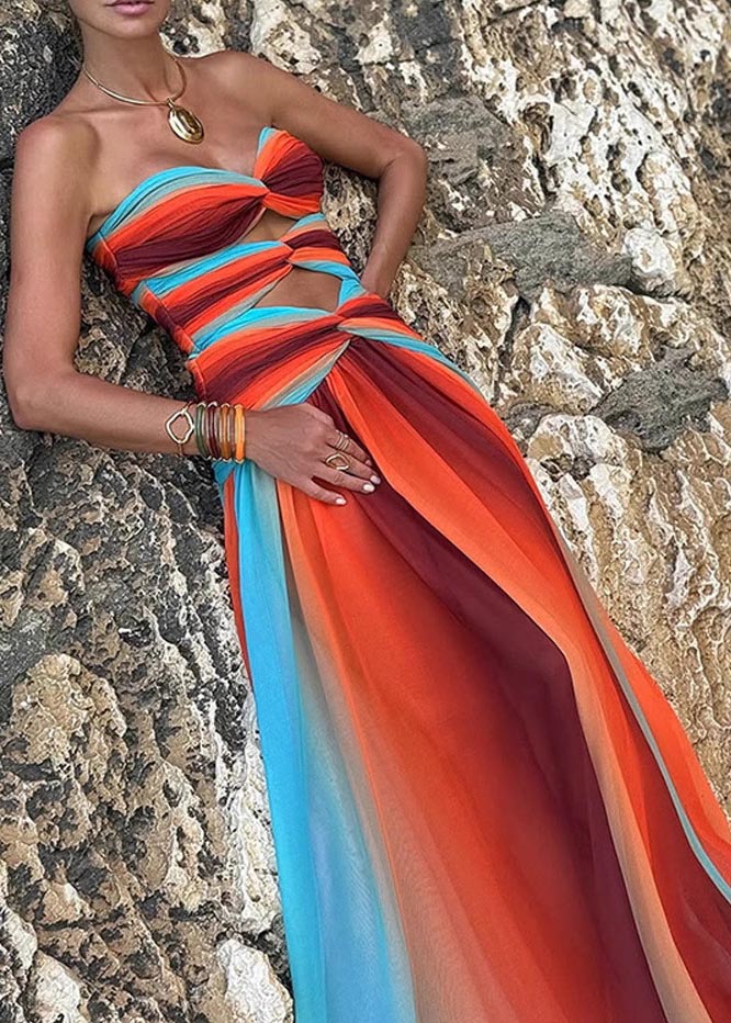 Gradient Color Exra Large Hem Chiffon Strapless Dress Summer