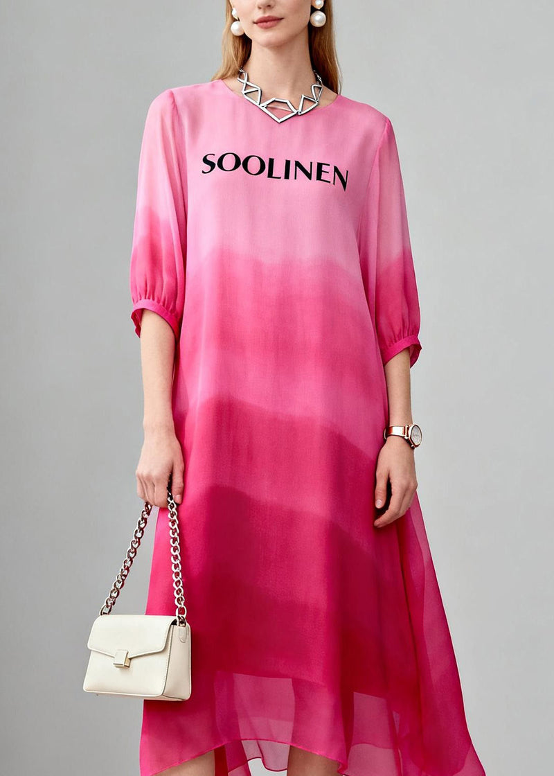 Gradient Color O Neck Print Chiffon Maxi Dress Summer