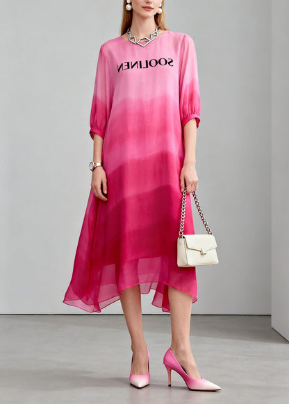 Gradient Color O Neck Print Chiffon Maxi Dress Summer