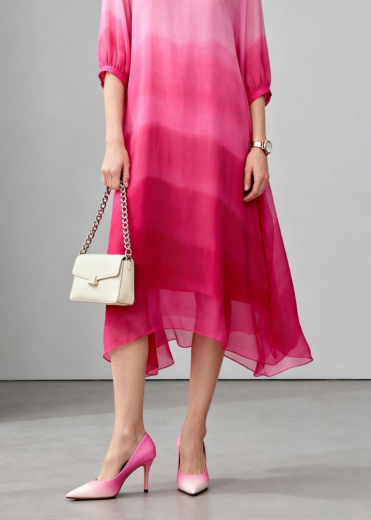 Gradient Color O Neck Print Chiffon Maxi Dress Summer