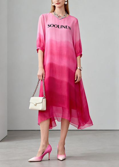 Gradient Color O Neck Print Chiffon Maxi Dress Summer