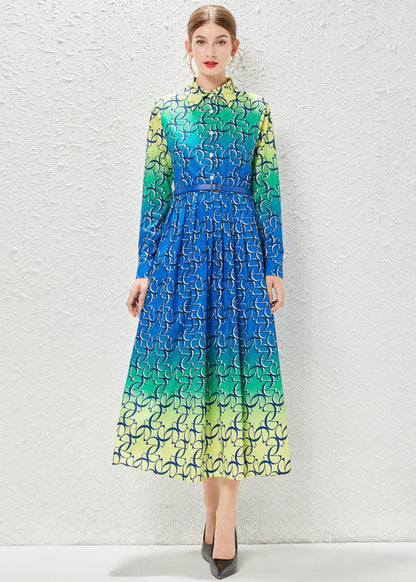 Gradient Color Print Patchwork Sashes Chiffon Exra Large Hem Dress Fall