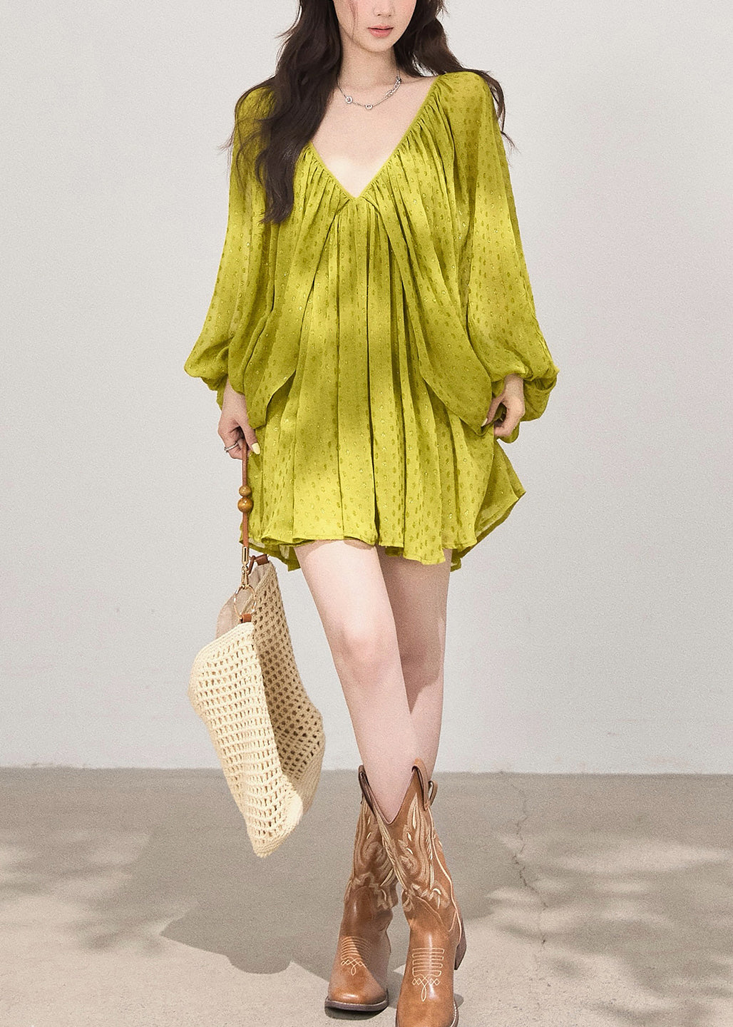Grass Green Backless Print Cotton Holiday Dress Fall