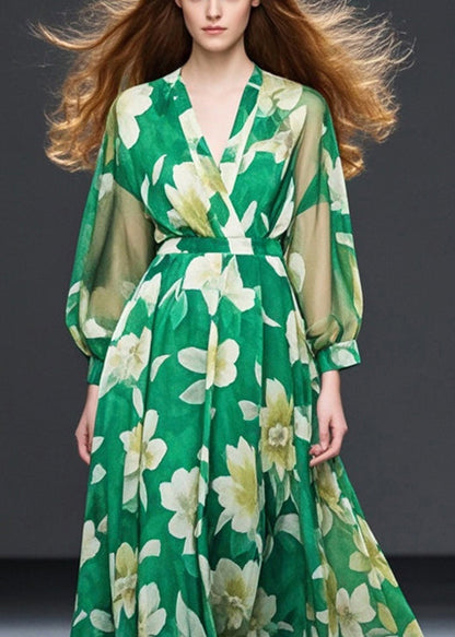 Grass Green Cinched Chiffon Maxi Dresses Spring