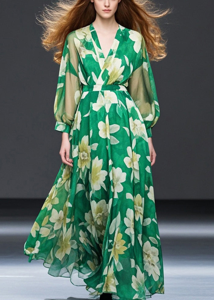 Grass Green Cinched Chiffon Maxi Dresses Spring