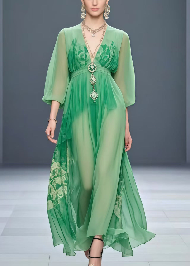 Grass Green Cinched Print Chiffon Robe Dresses Spring