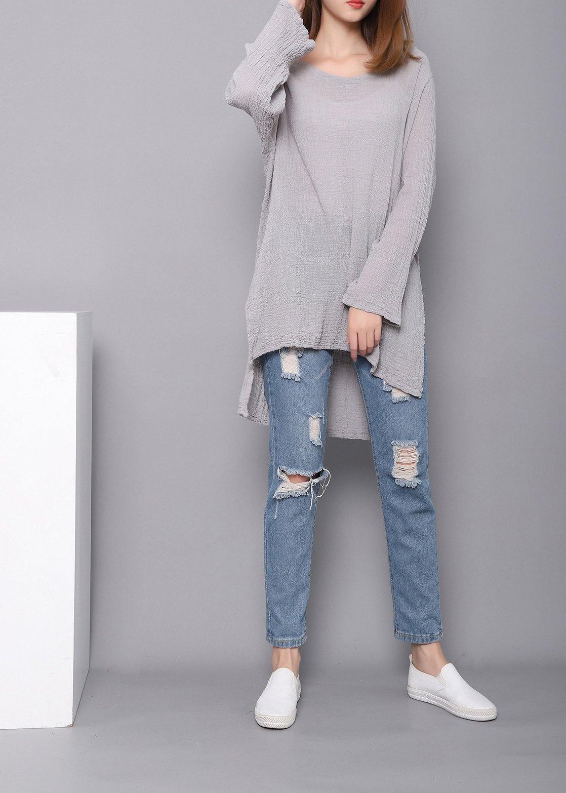 Bohemian Gray U Neck low high design Linen Shirts Spring
