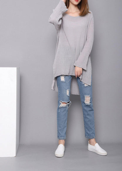 Bohemian Gray U Neck low high design Linen Shirts Spring
