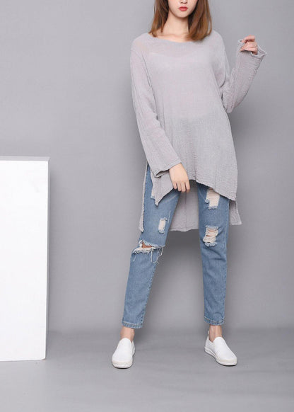 Bohemian Gray U Neck low high design Linen Shirts Spring