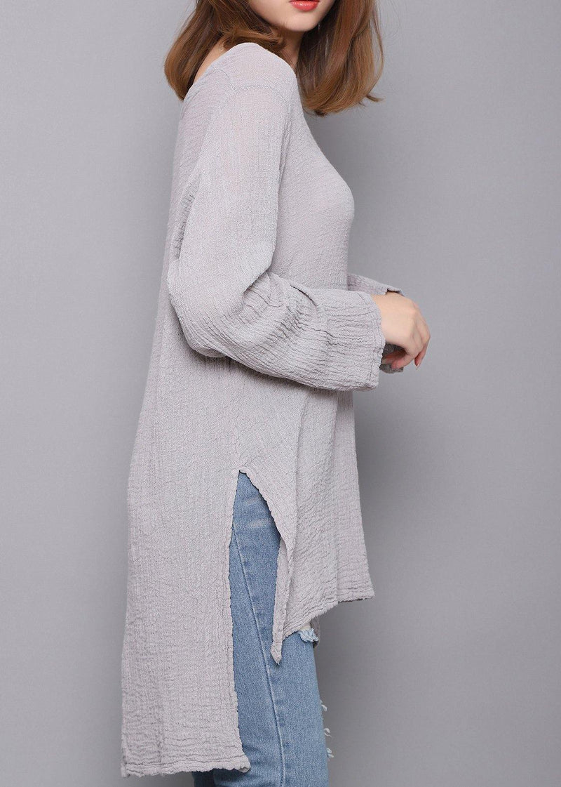 Gray U Neck Low High Design Linen Shirts Spring