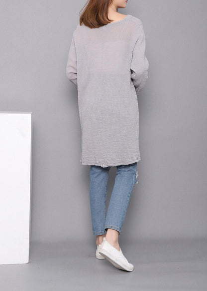 Bohemian Gray U Neck low high design Linen Shirts Spring