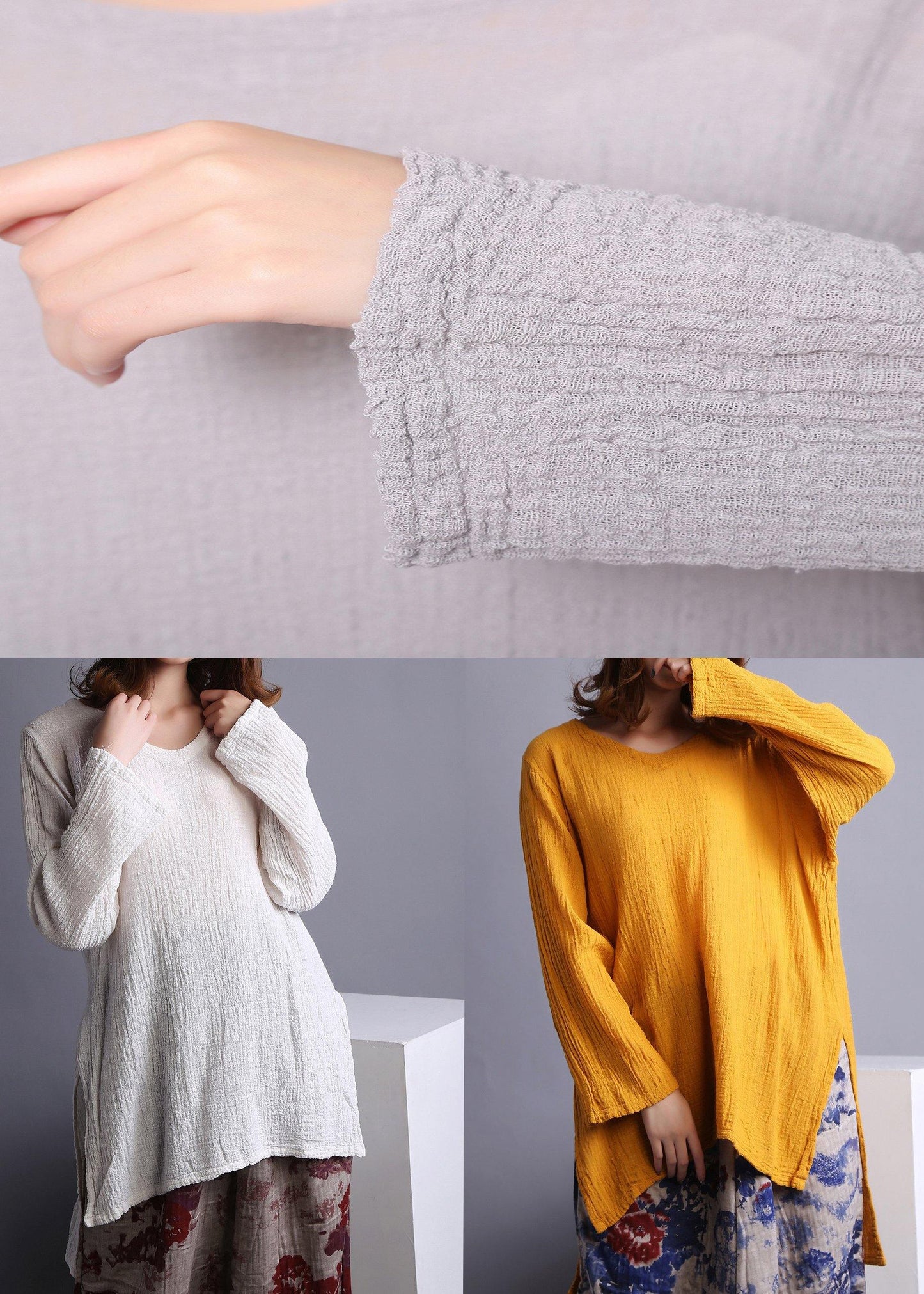 Bohemian Gray U Neck low high design Linen Shirts Spring