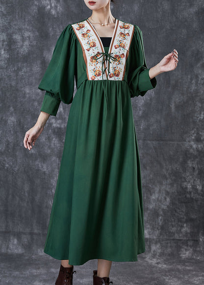 Green Cinched Patchwork Lace Up Cotton Dresses Spring