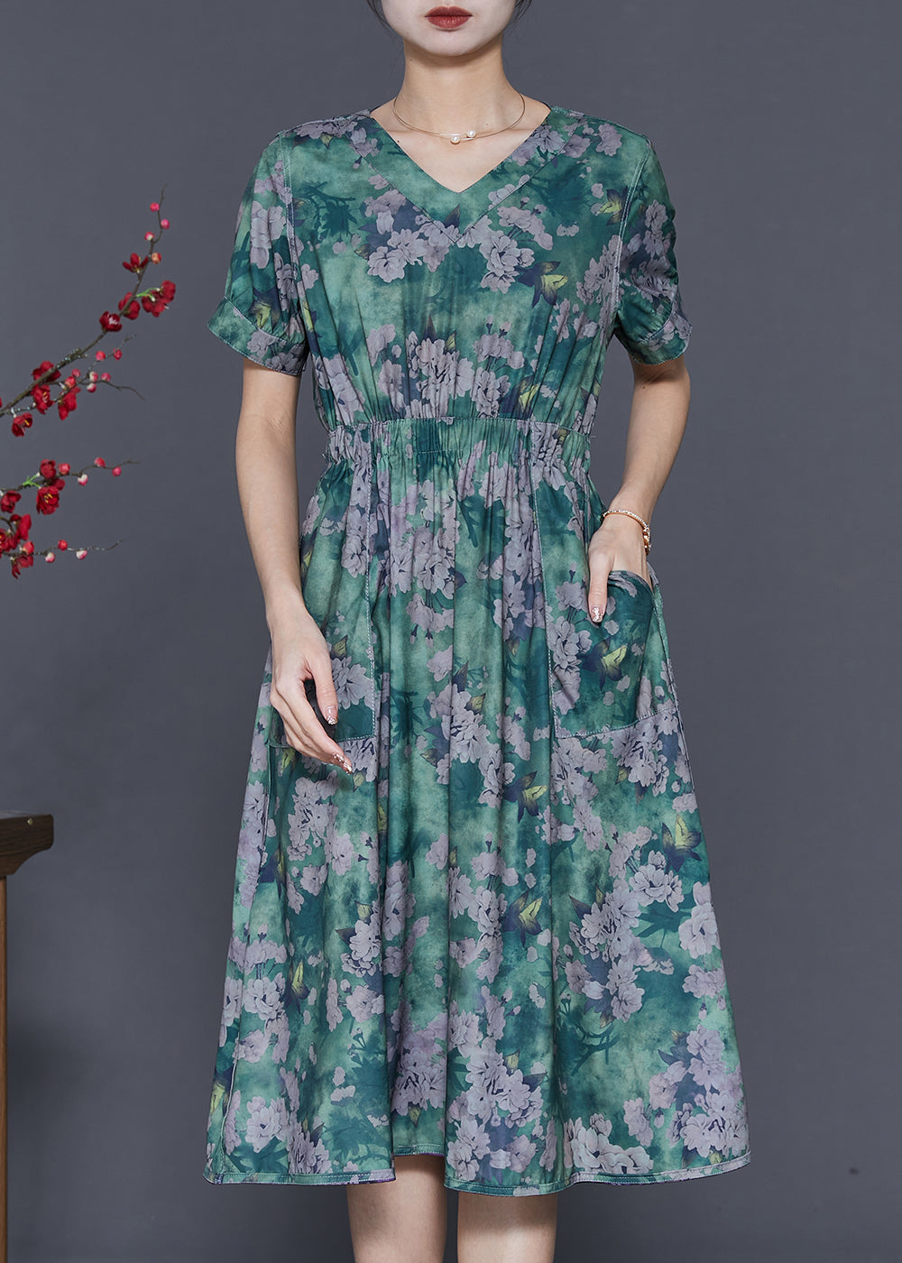 Green Cinched Print Cotton Dress Summer