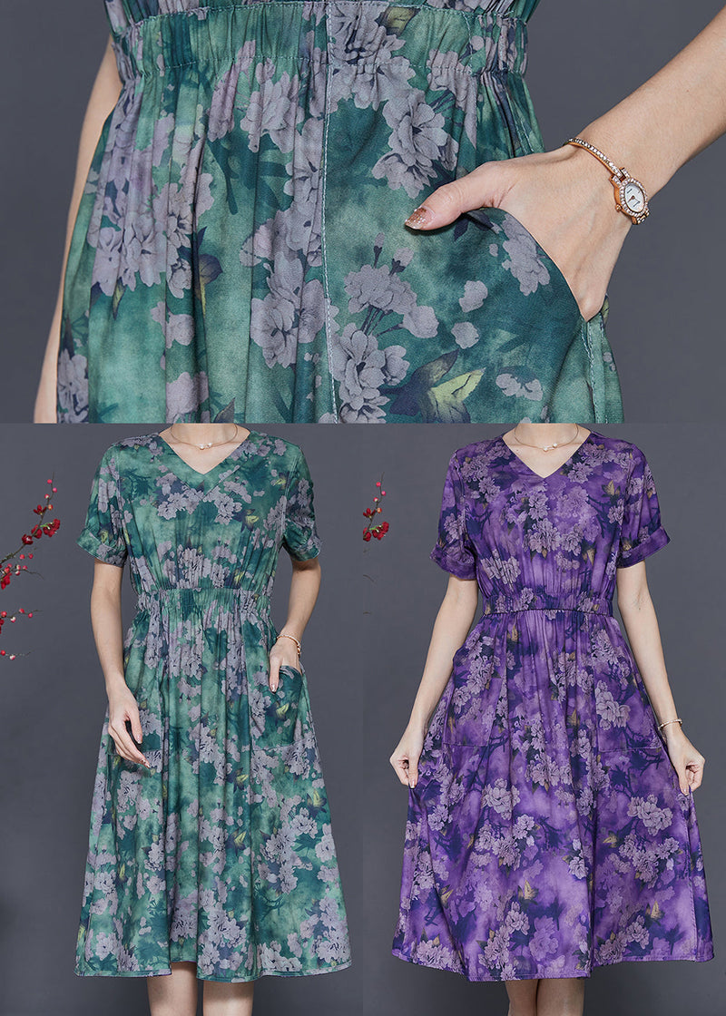 Green Cinched Print Cotton Dress Summer