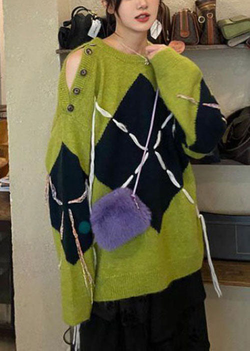 Green Cold Shoulder Button Knit Top Winter