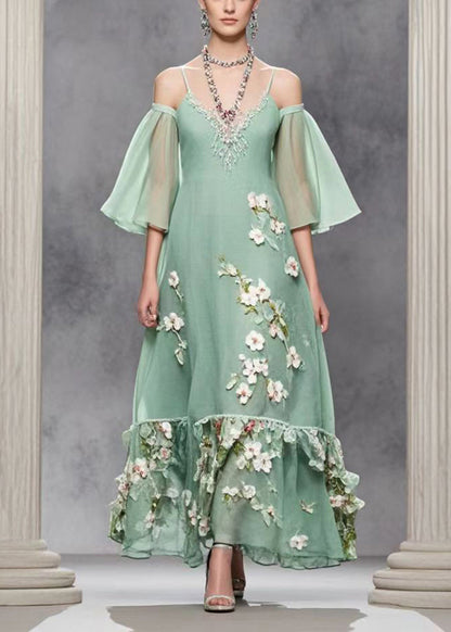 Green Cold Shoulder Three-dimensiona Chiffon Dresses Summer