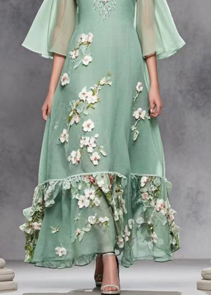 Green Cold Shoulder Three-dimensiona Chiffon Dresses Summer