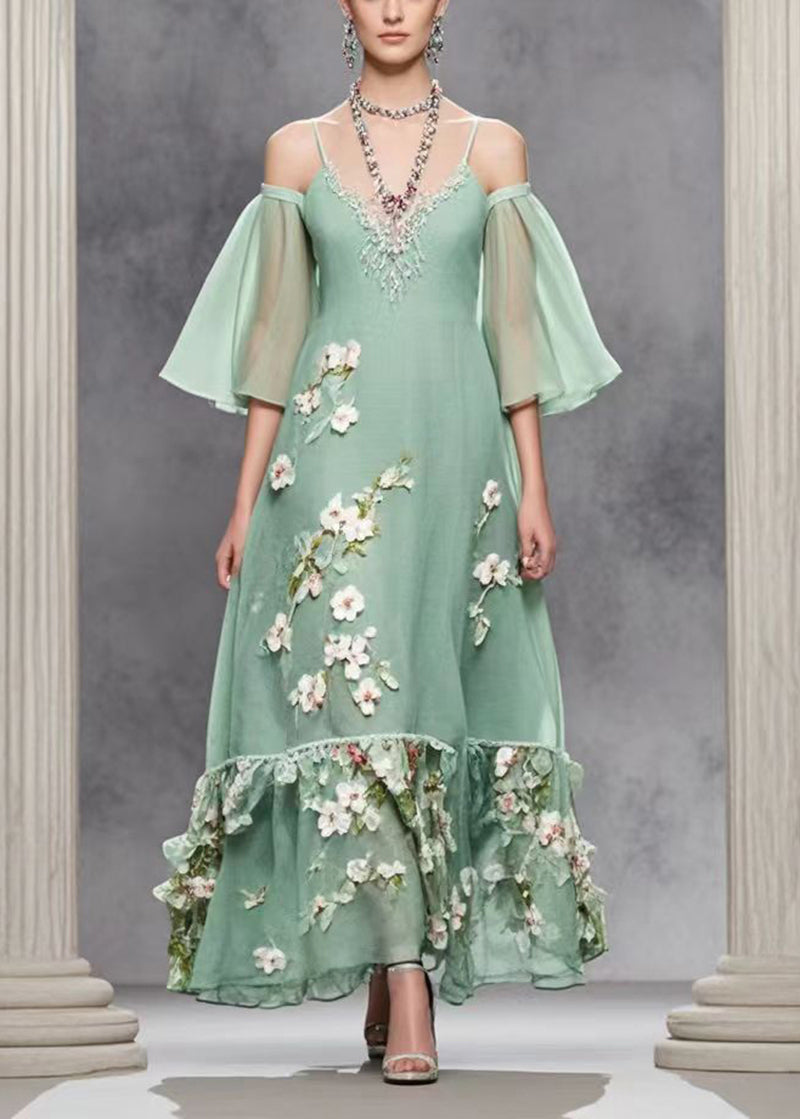 Green Cold Shoulder Three-dimensiona Chiffon Dresses Summer