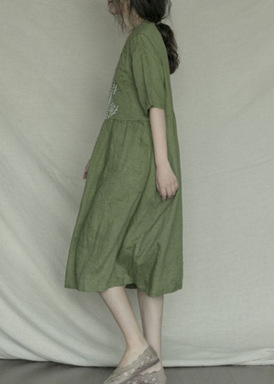 Green Embroideried Linen Dress Short Sleeve