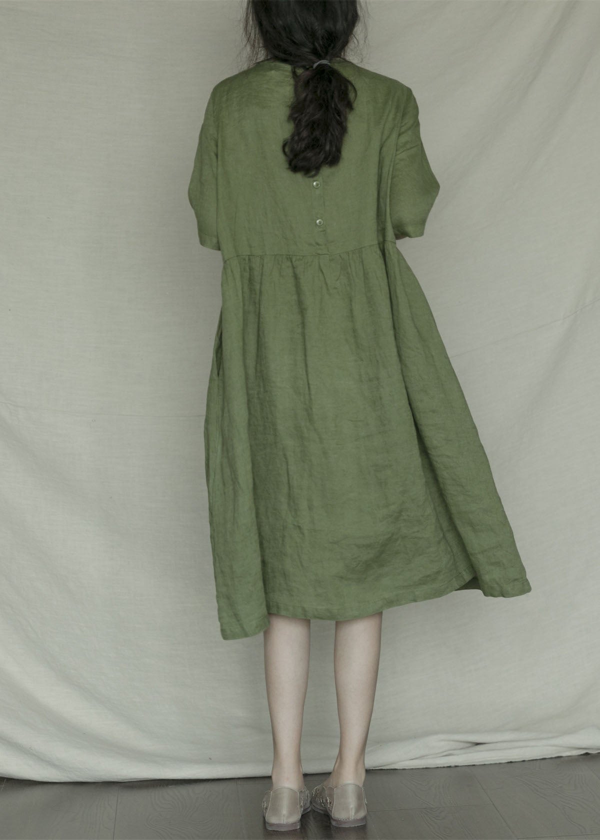 Green Embroideried Linen Dress Short Sleeve