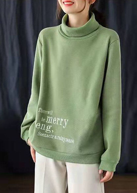 Green Embroideried Turtle Neck Warm Fleece Sweatshirts Top Winter