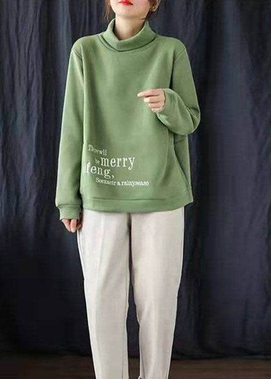 Green Embroideried Turtle Neck Warm Fleece Sweatshirts Top Winter
