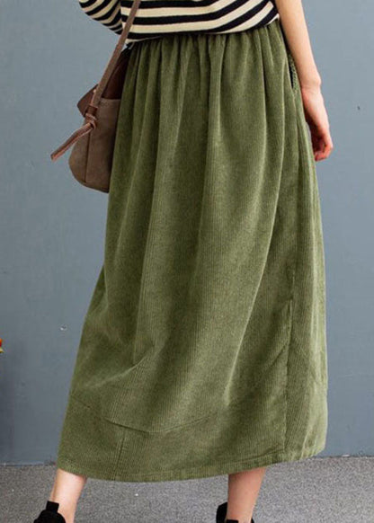 Green High Waist Pockets Velour a Line Skirts Fall