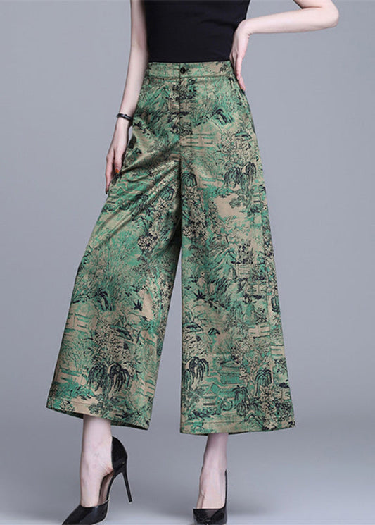 Green High Waist Print Silk Wide Leg Pants Summer