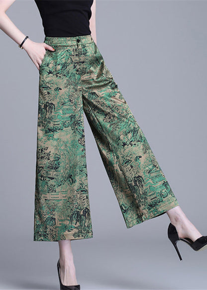 Green High Waist Print Silk Wide Leg Pants Summer