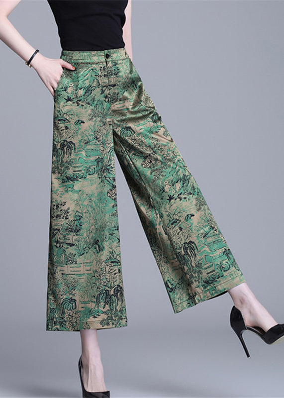 Green High Waist Print Silk Wide Leg Pants Summer