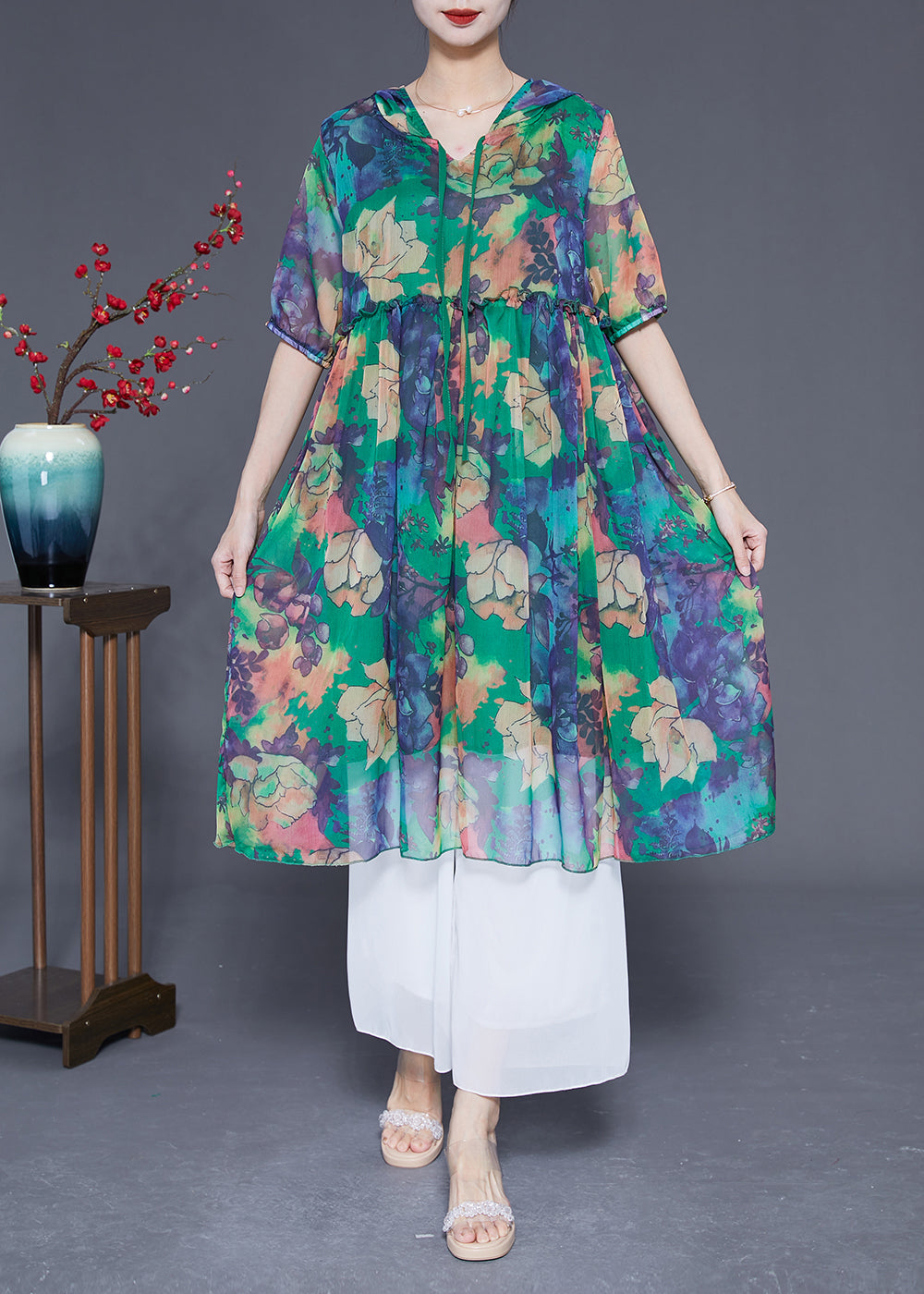 Green Hooded Ruffled Print Chiffon Dress Summer