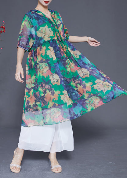 Green Hooded Ruffled Print Chiffon Dress Summer